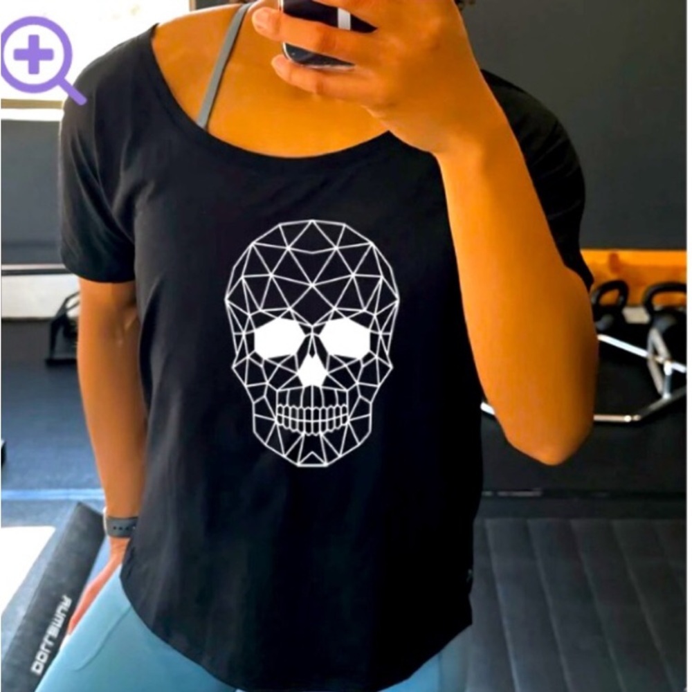 Off-Shoulder Black T-Shirt Geometric Skull | Slouchy Halloween Tee Skeleton NEW